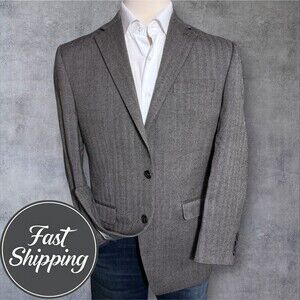 CHAPS Men’s 42R Gray Herringbone Wool Blazer Sport Coat 2-Button Jacket Classic